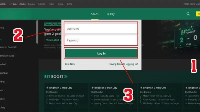 Hướng dẫn đăng nhập Bet365