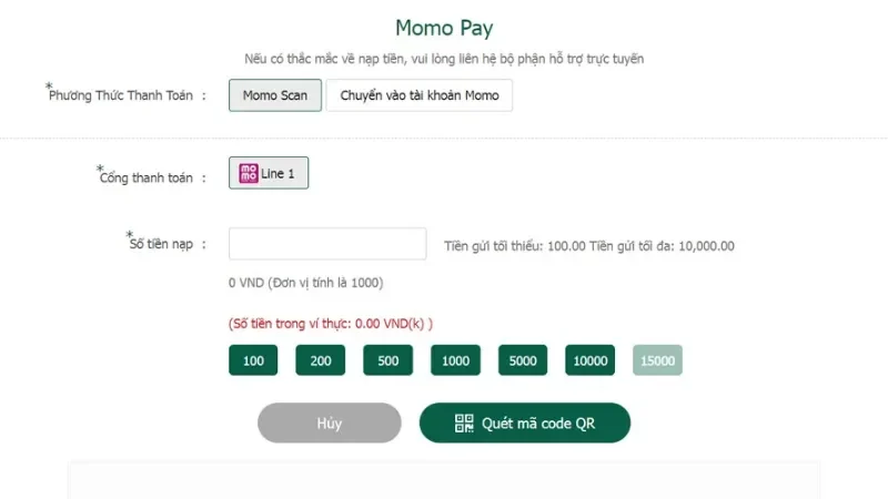 Nạp tiền Bet365 hình thức Momo Pay