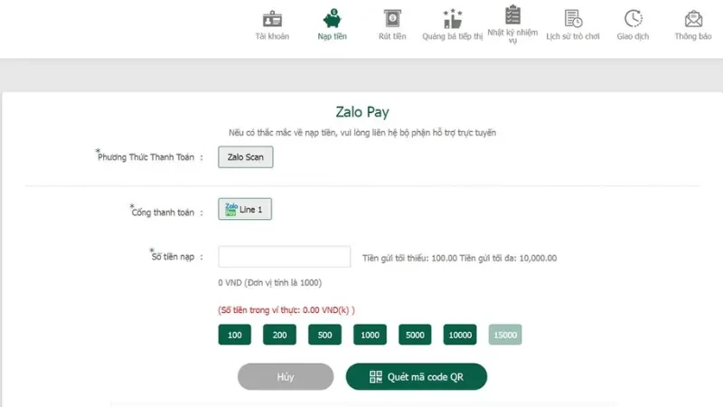 Nạp tiền Bet365 hình thức Zalo Pay